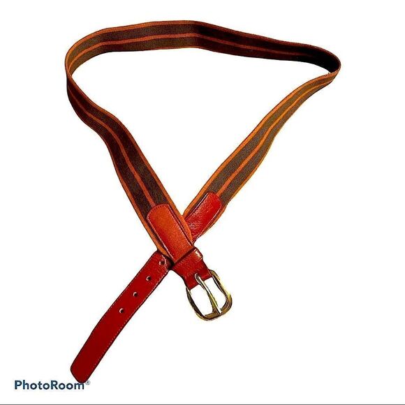 Vintage 70s green brown and rust colored Elastic belt w leather & brass buckle - Picture 2 of 5